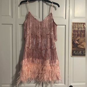 Pink sparkle fringe and feather dress